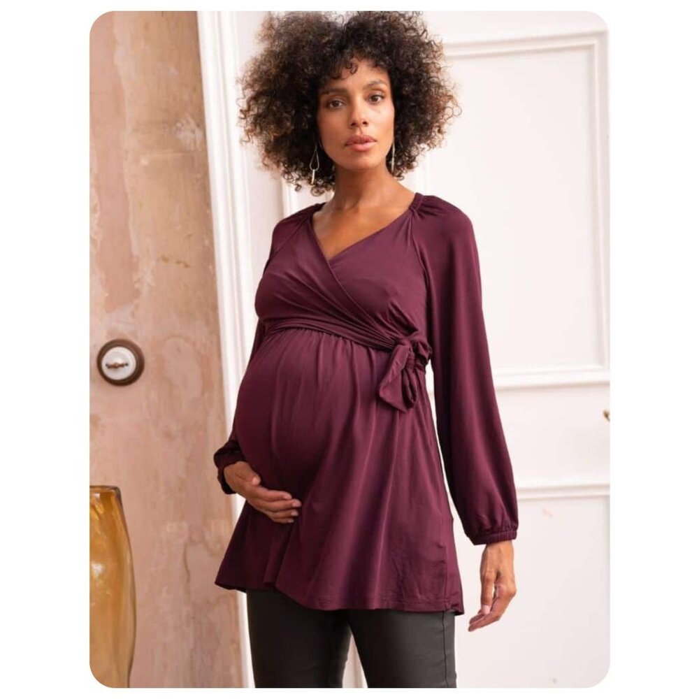NWT Seraphine Maternity Long Sleeve Jersey Wrap Tunic Top in Plum sz 12
